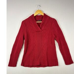 Preppy Jeanne Pierre Womens Large Red Shawl Collar Cable Knit Cotton Sweater